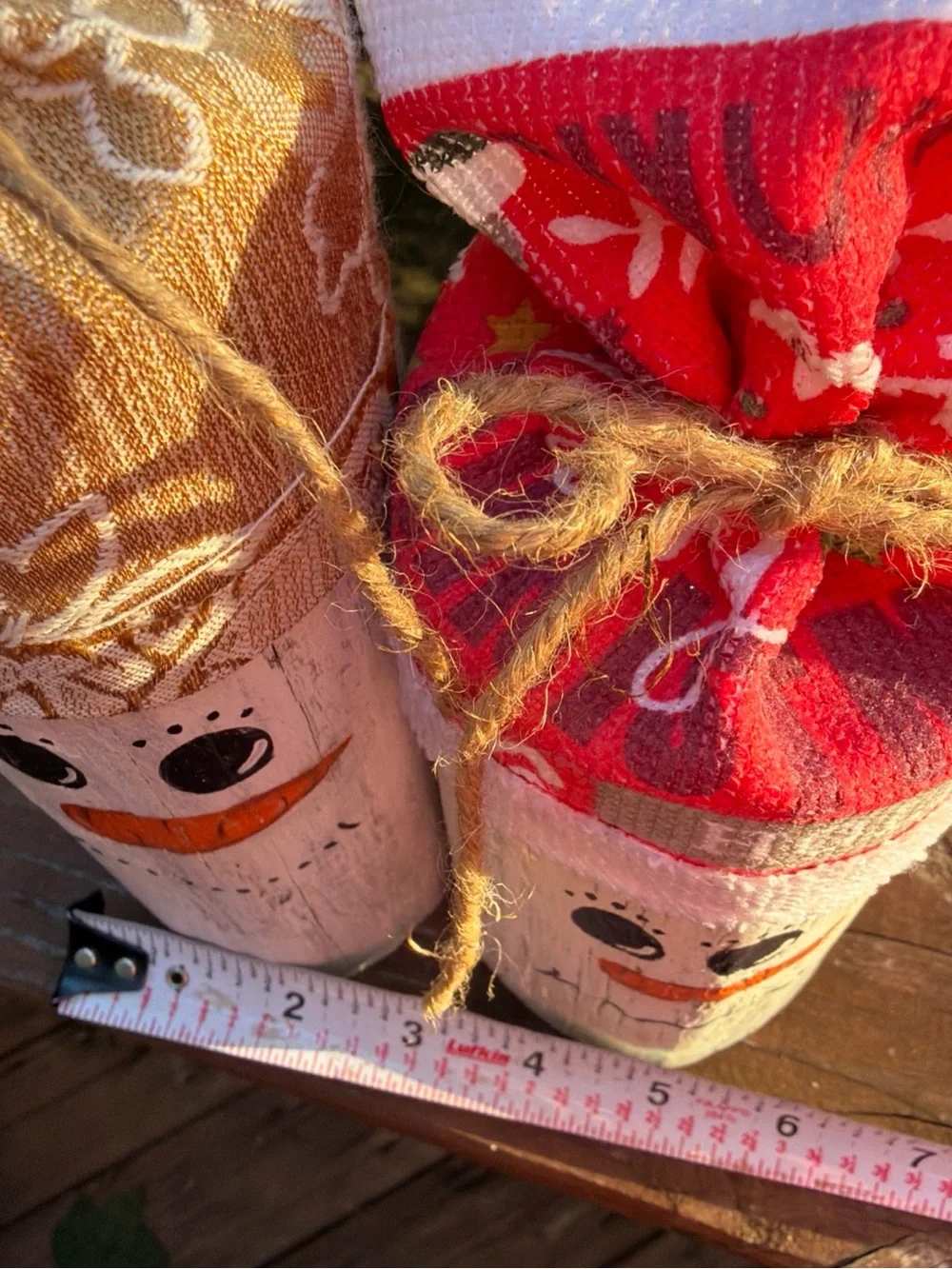 2 Handmade Holiday Snowman Wooden Decor - Red & Tan Fabric Hats